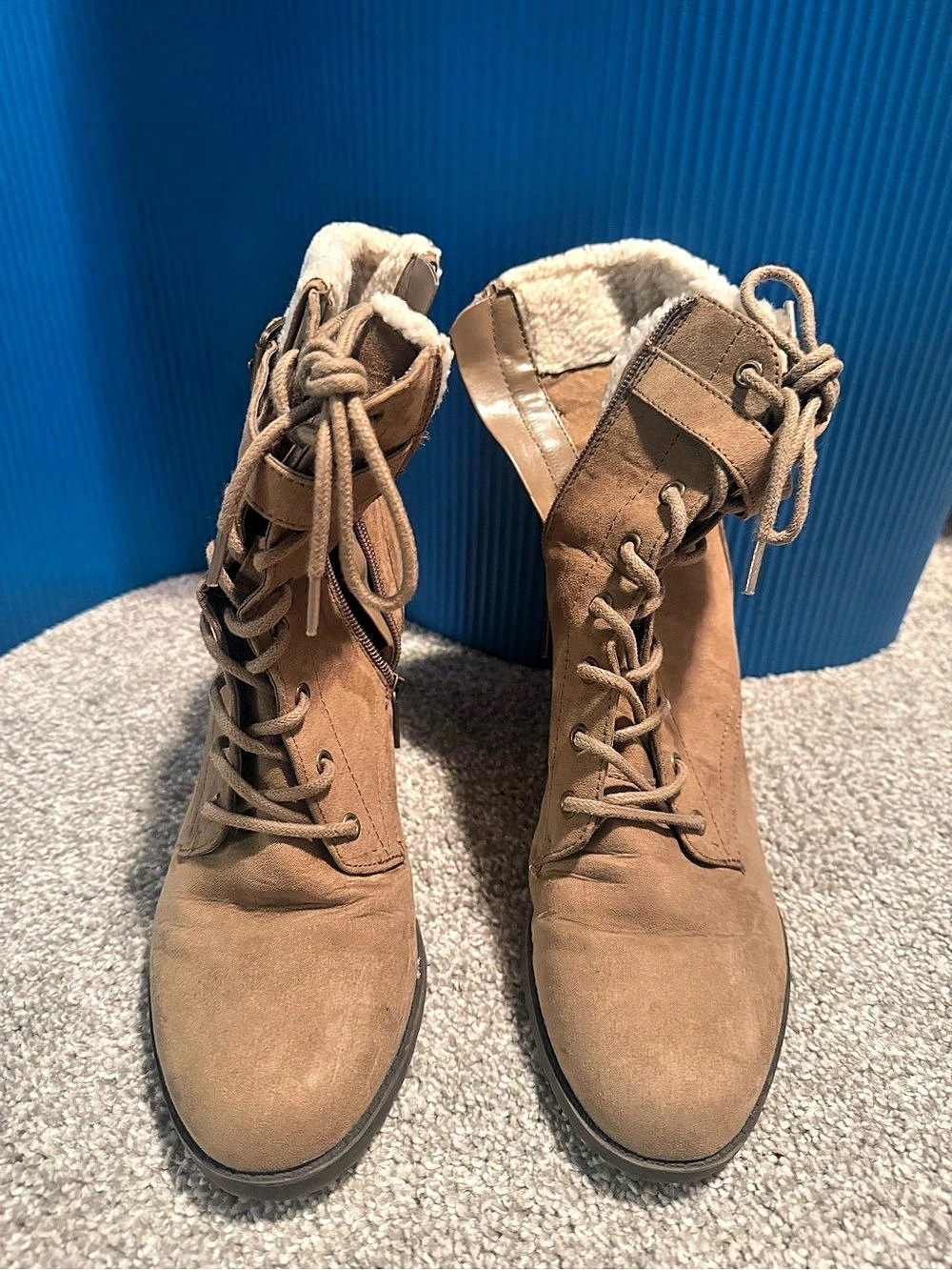 Brown Lace-Up Shearling Ankle Boots